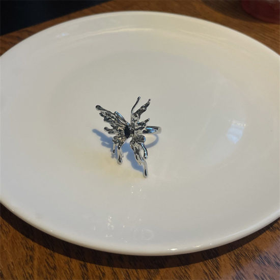 Bild von Ins Stil Offen Ring Silberfarbe Schmetterling Schwarz Zirkonia 18mm (US Größe 7.75), 1 Stück