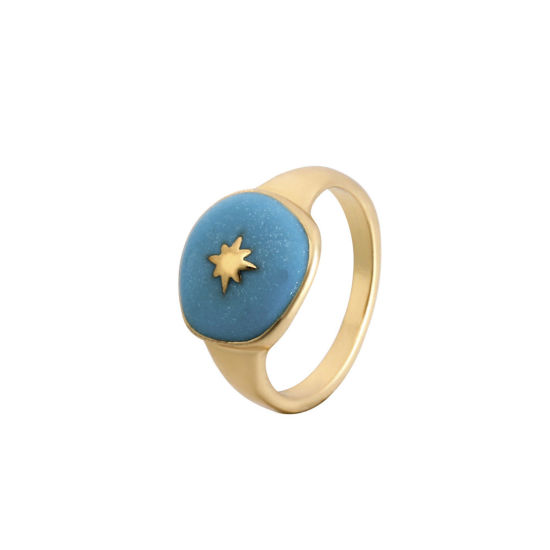 Bild von Galaxis Uneinstellbar Ring Vergoldet Blau Emaille Rund Stern 17mm (US Größe 6.5), 1 Stück