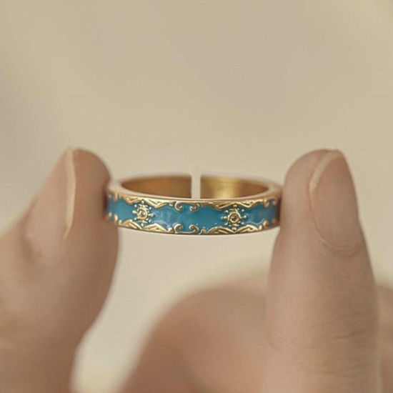 Bild von Königlicher Stil Offen Ring Vergoldet Blau Emaille Wolke 17mm (US Größe 6.5), 1 Stück