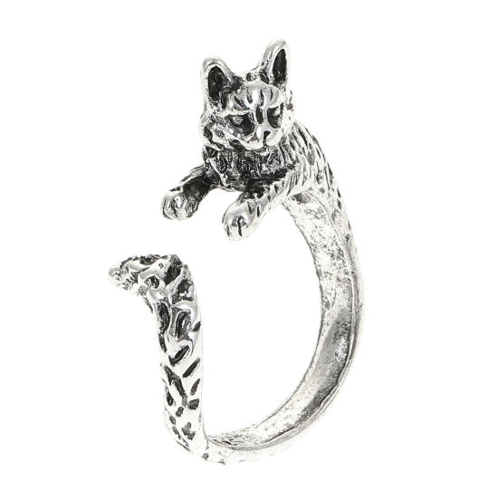 Bild von Gotisch Offen Wickelringe Antiksilber Katze 17mm (US Größe 6.5), 1 Stück
