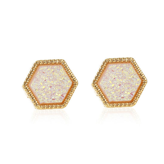 Picture of Stylish Ear Post Stud Earrings Gold Plated Peachy Beige Hexagon Colorful 1.2cm x 1.2cm, 1 Pair