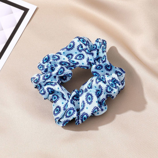 Picture of Nylon Stylish Ponytail Holder Hair Ties Band Scrunchies Light Blue Evil Eye Elastic 7cm Dia., 1 Piece