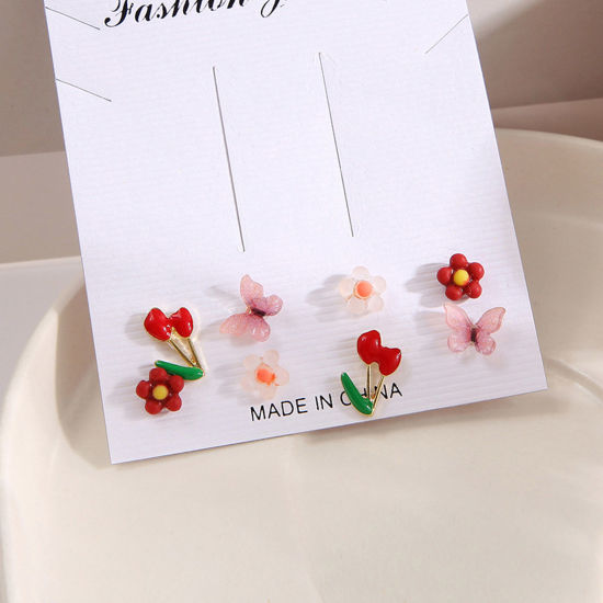 Picture of Stylish Earrings Red Flower Butterfly 7mm - 13mm long, 1 Set ( 4 Pairs/Set)