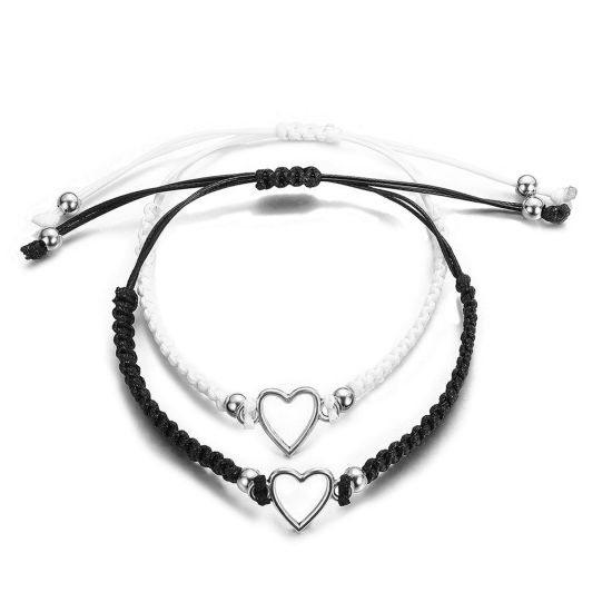Picture of Polyester Valentine's Day Bracelet Set Silver Tone Black & White Heart Hollow 16cm - 36cm long, 1 Set ( 2 PCs/Set)