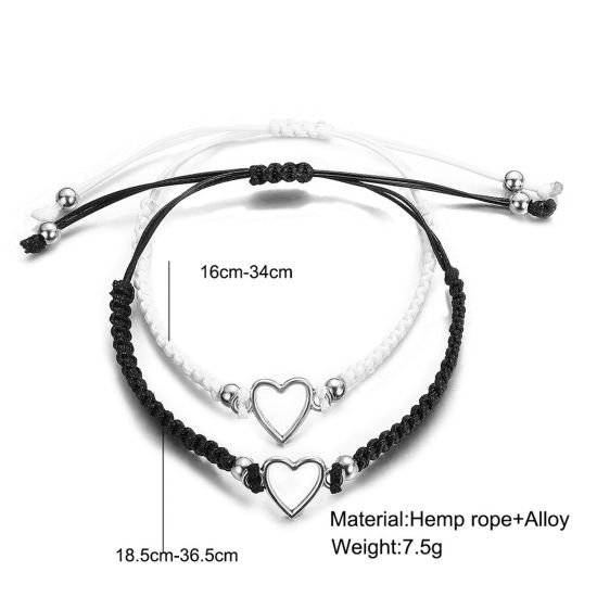 Picture of Polyester Valentine's Day Bracelet Set Silver Tone Black & White Heart Hollow 16cm - 36cm long, 1 Set ( 2 PCs/Set)