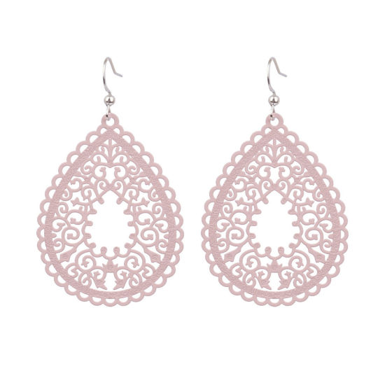 Image de Boucles d'Oreilles Estampe en Filigrane Rose Coréen Goutte d'Eau Fleurs Creuses Laqué 6.5cm x 4cm, 1 Paire