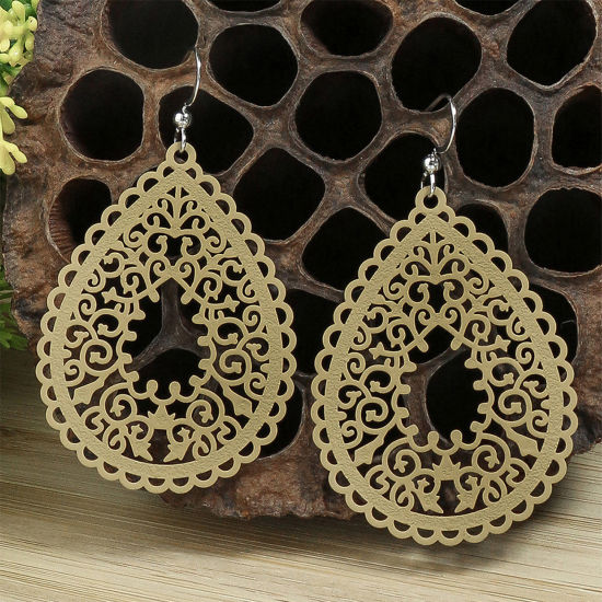 Image de Boucles d'Oreilles Estampe en Filigrane Kaki Goutte d'Eau Fleurs Creuses Laqué 6.5cm x 4cm, 1 Paire