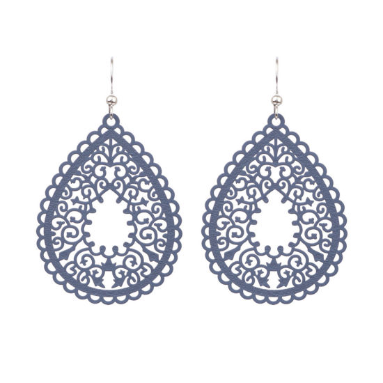 Image de Boucles d'Oreilles Estampe en Filigrane Bleu Foncé Goutte d'Eau Fleurs Creuses Laqué 6.5cm x 4cm, 1 Paire