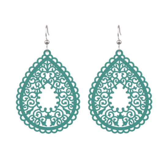 Image de Boucles d'Oreilles Estampe en Filigrane Vert Lac Goutte d'Eau Fleurs Creuses Laqué 6.5cm x 4cm, 1 Paire