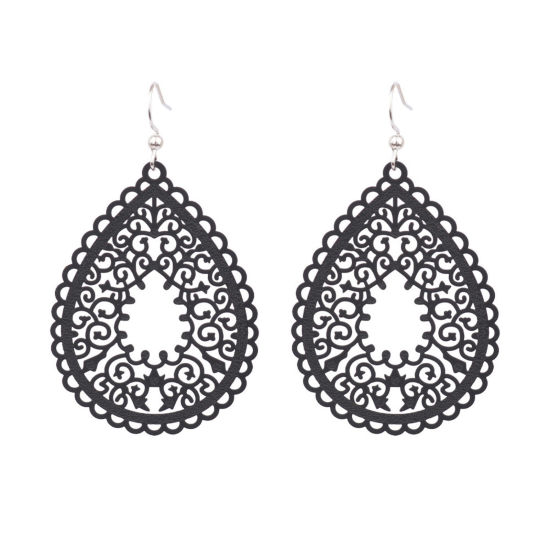 Image de Boucles d'Oreilles Estampe en Filigrane Noir Goutte d'Eau Fleurs Creuses Laqué 6.5cm x 4cm, 1 Paire