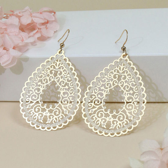 Image de Boucles d'Oreilles Estampe en Filigrane Or Goutte d'Eau Fleurs Creuses Laqué 6.5cm x 4cm, 1 Paire