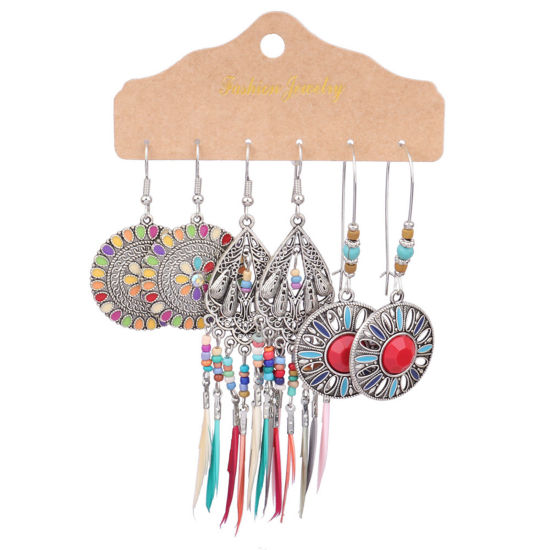 Picture of Ethnic Earrings Silver Tone Tassel Round 4cm - 10cm, 1 Set ( 3 Pairs/Set)