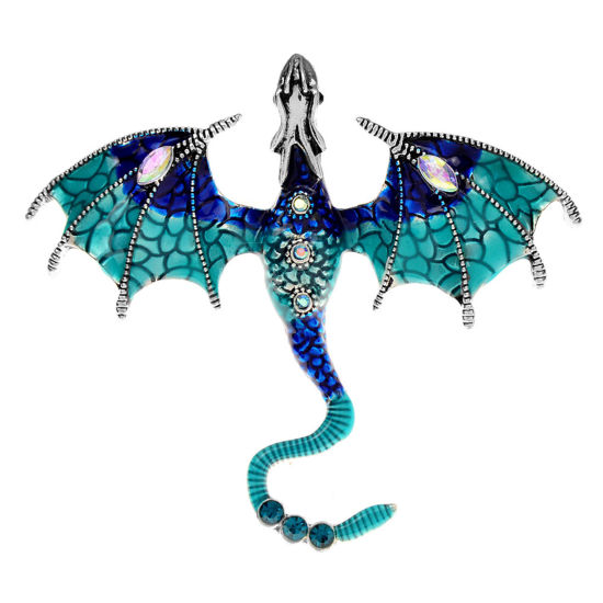 Picture of Stylish Pin Brooches Dragon Blue Enamel 7cm x 6.1cm, 1 Piece