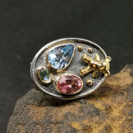 Bild von Retro Uneinstellbar Ring Antik Zinn Imitat Halbedelstein Oval Bär Bunt Zirkonia 18.9mm（US Größe:9), 1 Stück