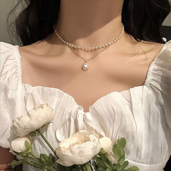 Bild von Ins Stil Mehrschichtige Halskette Vergoldet Rund Imitat Perle 40cm lang, 1 Strang