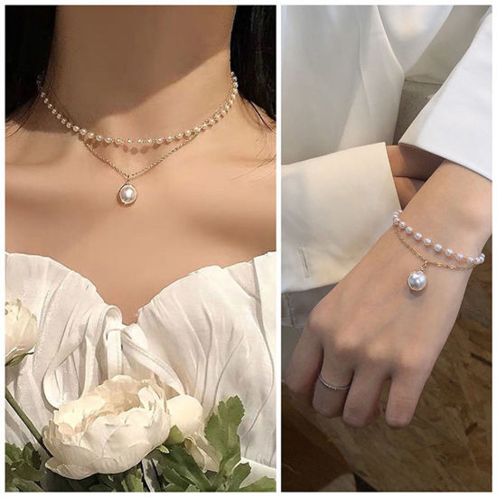 Picture of Ins Style Jewelry Multilayer Necklace Bracelets Set Gold Plated Ball Imitation Pearl 17cm long 40cm long, 1 Set