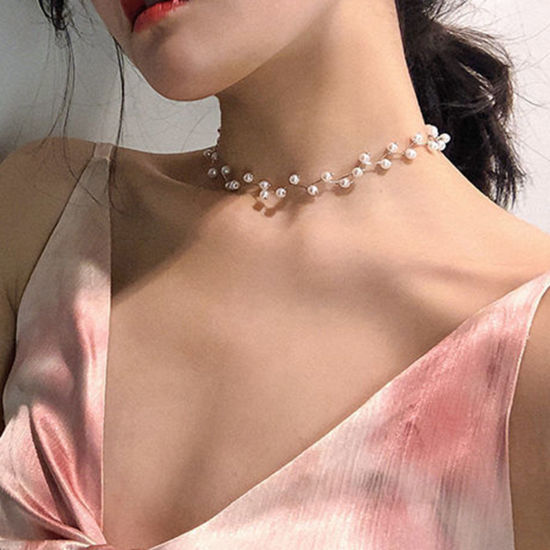 Bild von Ins Stil Choker Halskette Vergoldet Imitat Perle 30cm lang, 1 Strang