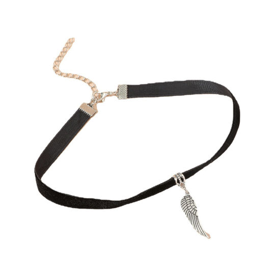 Bild von Veloursamt Retro Choker Halskette Antiksilber Schwarz Flügel 30cm lang, 1 Strang