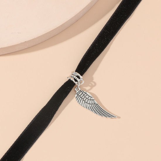 Bild von Veloursamt Retro Choker Halskette Antiksilber Schwarz Flügel 30cm lang, 1 Strang