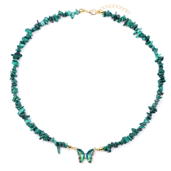 Picture of Malachite Insect Beaded Necklace Gold Plated Peacock Blue Chip Beads Butterfly 45cm(17 6/8") long, 1 Piece