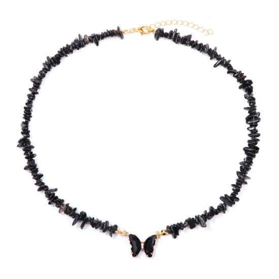 Picture of Obsidian Insect Beaded Necklace Gold Plated Black Chip Beads Butterfly 45cm(17 6/8") long, 1 Piece