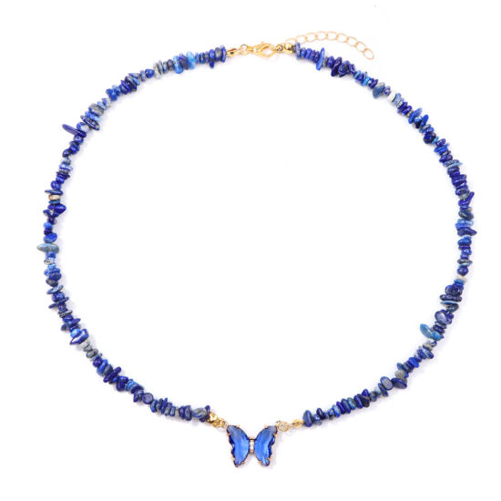 Picture of Lapis Lazuli Insect Beaded Necklace Gold Plated Dark Blue Chip Beads Butterfly 45cm(17 6/8") long, 1 Piece