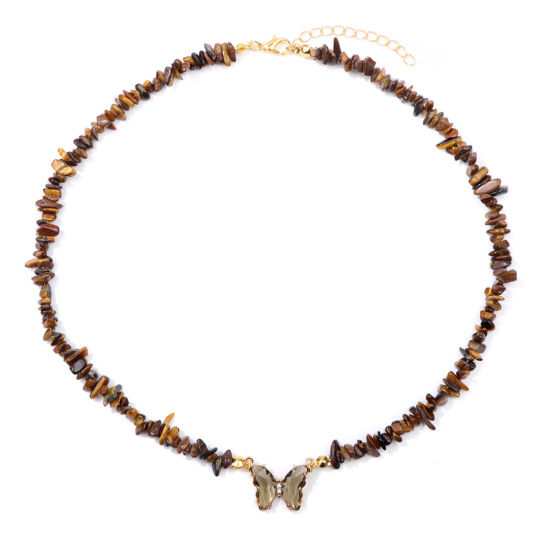 Picture of Tiger's Eyes Insect Beaded Necklace Gold Plated Brown Chip Beads Butterfly 45cm(17 6/8") long, 1 Piece