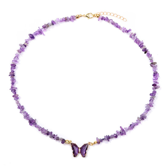 Picture of Amethyst Insect Beaded Necklace Gold Plated Purple Chip Beads Butterfly 45cm(17 6/8") long, 1 Piece