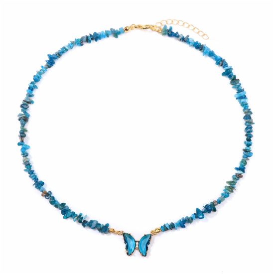 Picture of Apatite Insect Beaded Necklace Gold Plated Blue Chip Beads Butterfly 45cm(17 6/8") long, 1 Piece