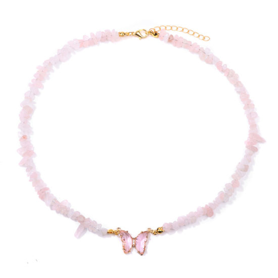 Picture of Rose Quartz Insect Beaded Necklace Gold Plated Pink Chip Beads Butterfly 45cm(17 6/8") long, 1 Piece