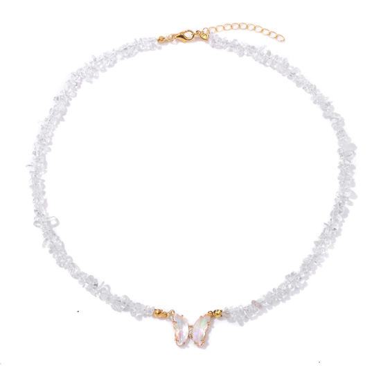 Picture of Quartz Rock Crystal Insect Beaded Necklace Gold Plated Transparent Clear Chip Beads Butterfly 45cm(17 6/8") long, 1 Piece