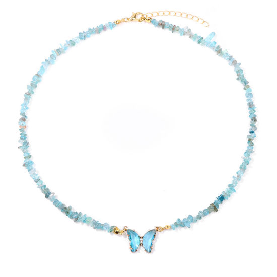 Picture of Apatite Insect Beaded Necklace Gold Plated Light Blue Chip Beads Butterfly 45cm(17 6/8") long, 1 Piece