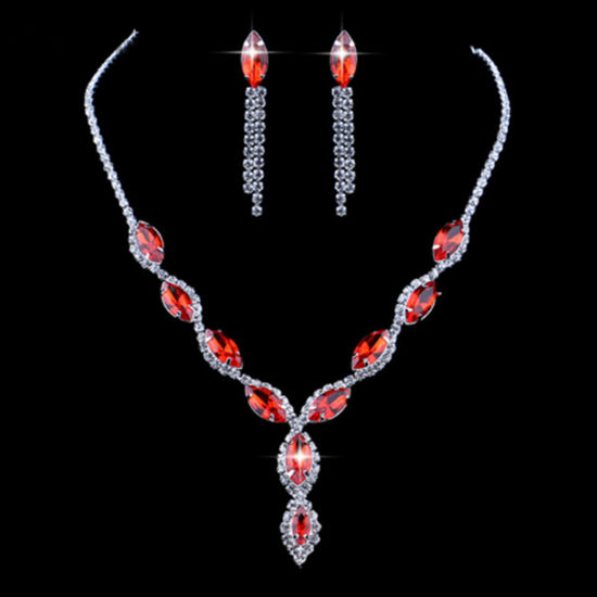 Picture of Wedding Jewelry Necklace Earrings Set Silver Tone Marquise Tassel Red Rhinestone 38cm(15") long, 4.9cm, 1 Set