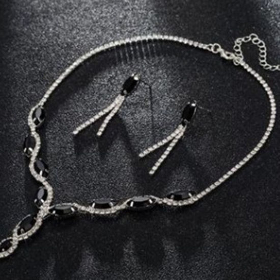 Picture of Wedding Jewelry Necklace Earrings Set Silver Tone Marquise Tassel Black Rhinestone 38cm(15") long, 4.9cm, 1 Set