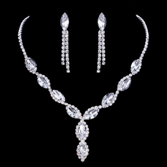 Picture of Wedding Jewelry Necklace Earrings Set Silver Tone Marquise Tassel Clear Rhinestone 38cm(15") long, 4.9cm, 1 Set