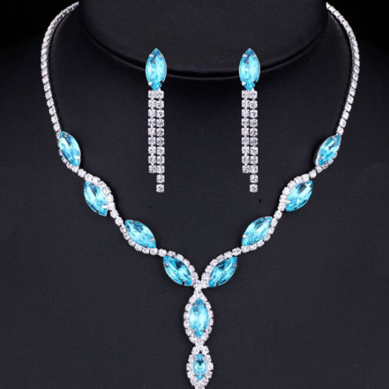 Picture of Wedding Jewelry Necklace Earrings Set Silver Tone Marquise Tassel Lake Blue Rhinestone 38cm(15") long, 4.9cm, 1 Set