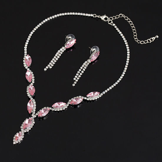 Picture of Wedding Jewelry Necklace Earrings Set Silver Tone Marquise Tassel Pink Rhinestone 38cm(15") long, 4.9cm, 1 Set