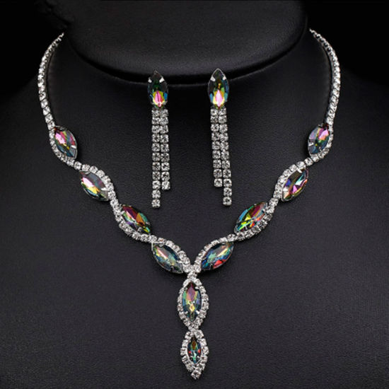Picture of Wedding Jewelry Necklace Earrings Set Silver Tone Marquise Tassel Multicolor Rhinestone 38cm(15") long, 4.9cm, 1 Set