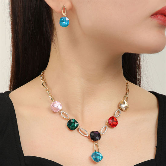 Picture of Stylish Jewelry Necklace Earrings Set Gold Plated Square Multicolor Rhinestone 41cm(16 1/8") long, 2.5cm x 1.2cm, 1 Set