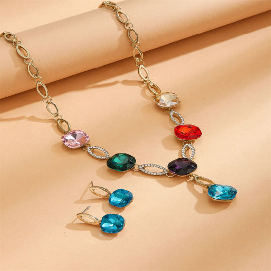 Picture of Stylish Jewelry Necklace Earrings Set Gold Plated Square Multicolor Rhinestone 41cm(16 1/8") long, 2.5cm x 1.2cm, 1 Set