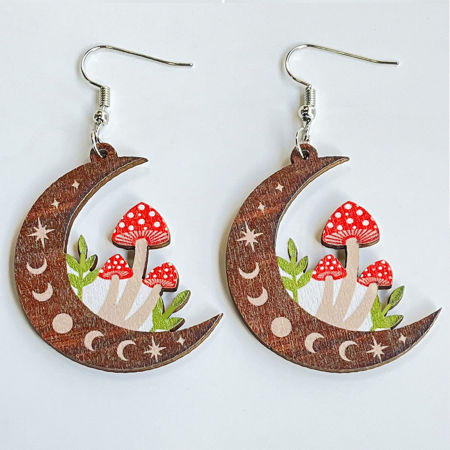 Picture of Natural Wood Easter Day Ear Wire Hook Earrings Silver Tone Multicolor Half Moon Mushroom 5.5cm, 1 Pair