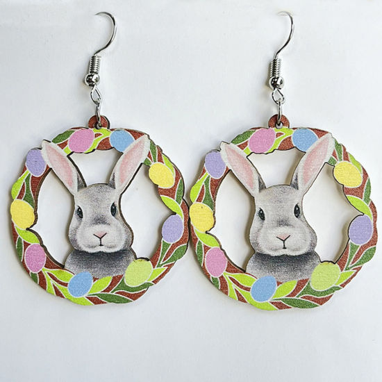 Picture of Wood Easter Day Ear Wire Hook Earrings Silver Tone Multicolor Rabbit Animal Wreath 5.5cm, 1 Pair