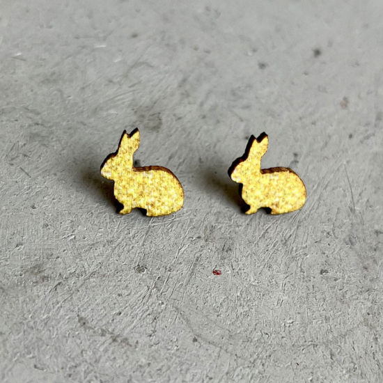 Picture of Natural Wood Easter Day Ear Post Stud Earrings Yellow Rabbit Animal Glitter 1.6cm, 1 Pair