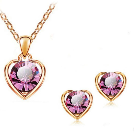 Picture of Stylish Jewelry Set Gold Plated Fuchsia Heart 40cm(15 6/8") long, 1.1cm x 0.9cm, 1 Set