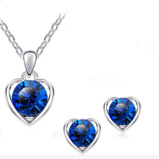 Picture of Stylish Jewelry Set Silver Tone Royal Blue Heart 40cm(15 6/8") long, 1.1cm x 0.9cm, 1 Set