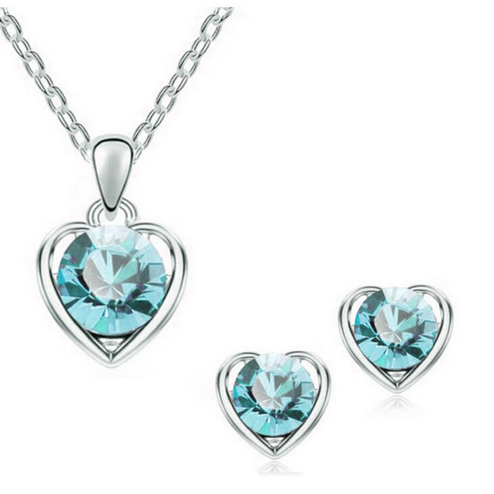 Picture of Stylish Jewelry Set Silver Tone Aqua Blue Heart 40cm(15 6/8") long, 1.1cm x 0.9cm, 1 Set