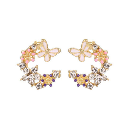 Picture of Romantic Ear Post Stud Earrings Gold Plated White Flower Butterfly Clear Rhinestone Enamel 1.5cm x 1.3cm, 1 Pair
