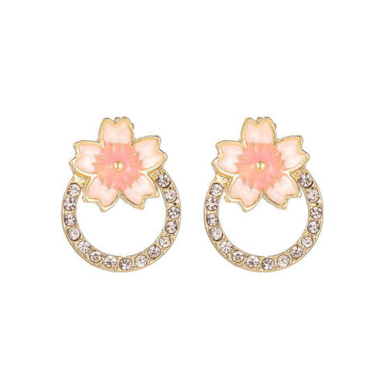 Picture of Romantic Ear Post Stud Earrings Gold Plated Pink Flower Clear Rhinestone Enamel 1.8cm x 1.4cm, 1 Pair
