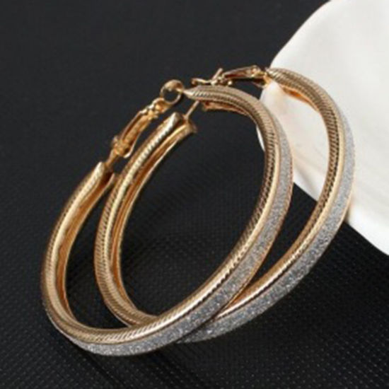 Picture of Simple Hoop Earrings Gold Plated Frosted Circle Ring 5cm Dia, 1 Pair