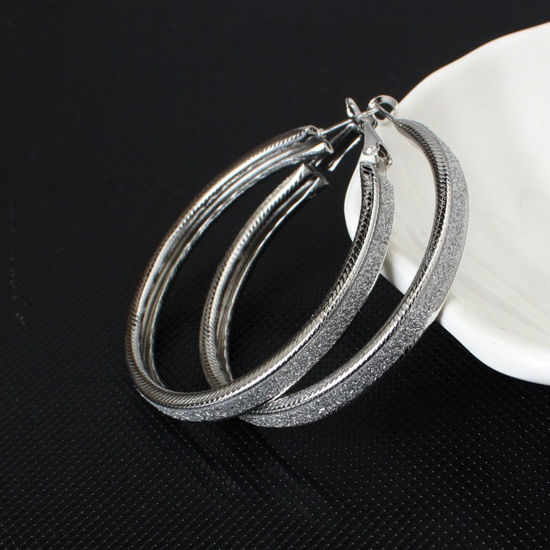 Picture of Simple Hoop Earrings Silver Tone Frosted Circle Ring 5cm Dia, 1 Pair